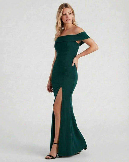 Gauze Maxi Dress by RAMBLION, off-the-shoulder, emerald green, elegant maxi length, perfect for special occasions.