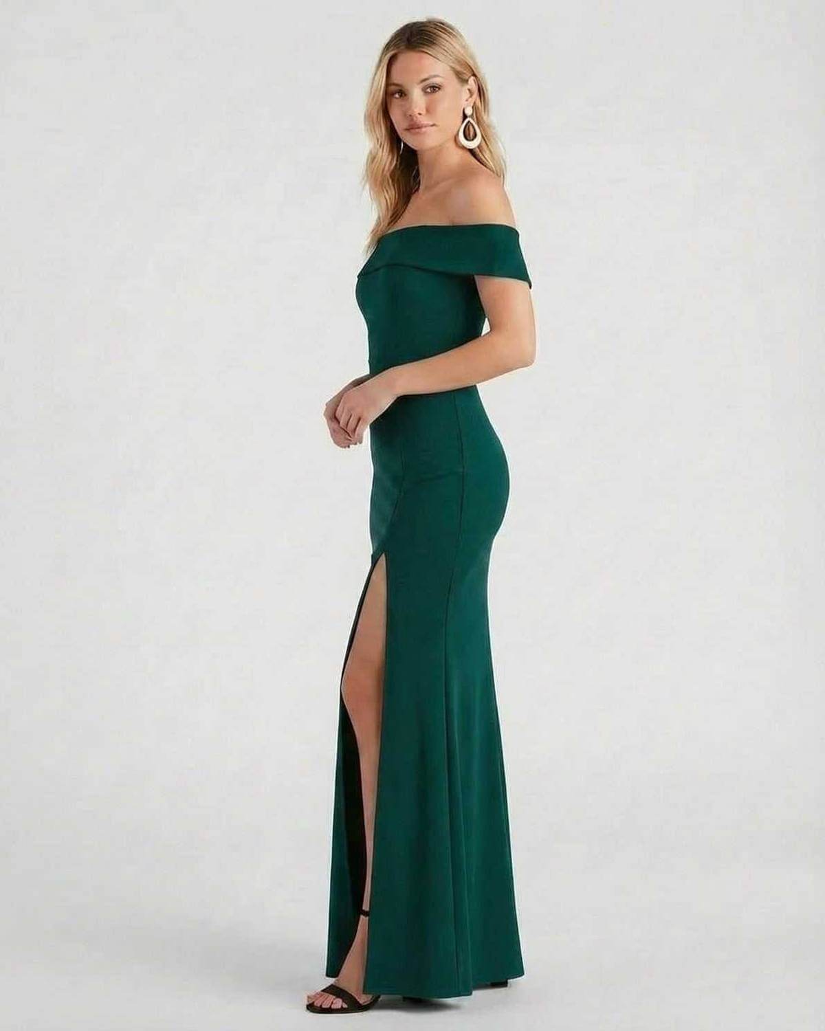 Gauze Maxi Dress by RAMBLION in elegant green, off-the-shoulder design, perfect for special occasions.