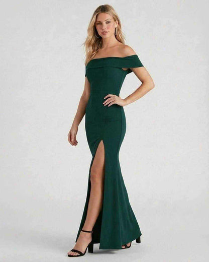 Gauze Maxi Dress by RAMBLION, elegant off-the-shoulder design, emerald green, perfect for formal occasions.