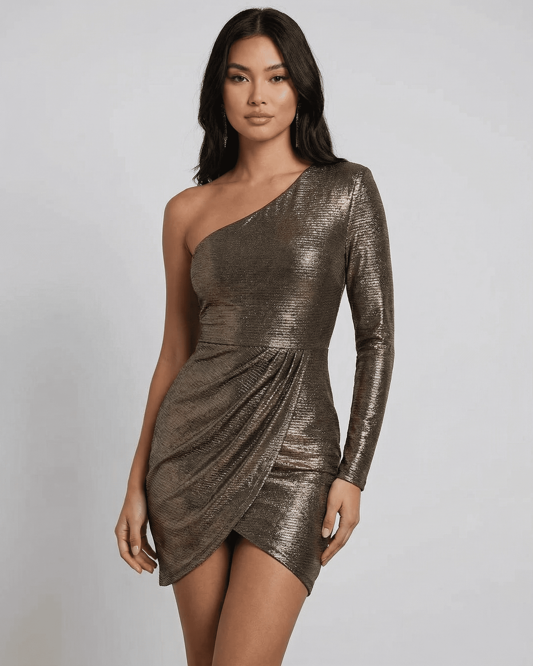 Gauze Mini Dress by RAMBLION, one-shoulder design, metallic sheen, perfect for chic events.