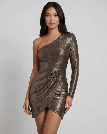 Gauze Mini Dress by RAMBLION, one-shoulder design, metallic sheen, perfect for chic events.