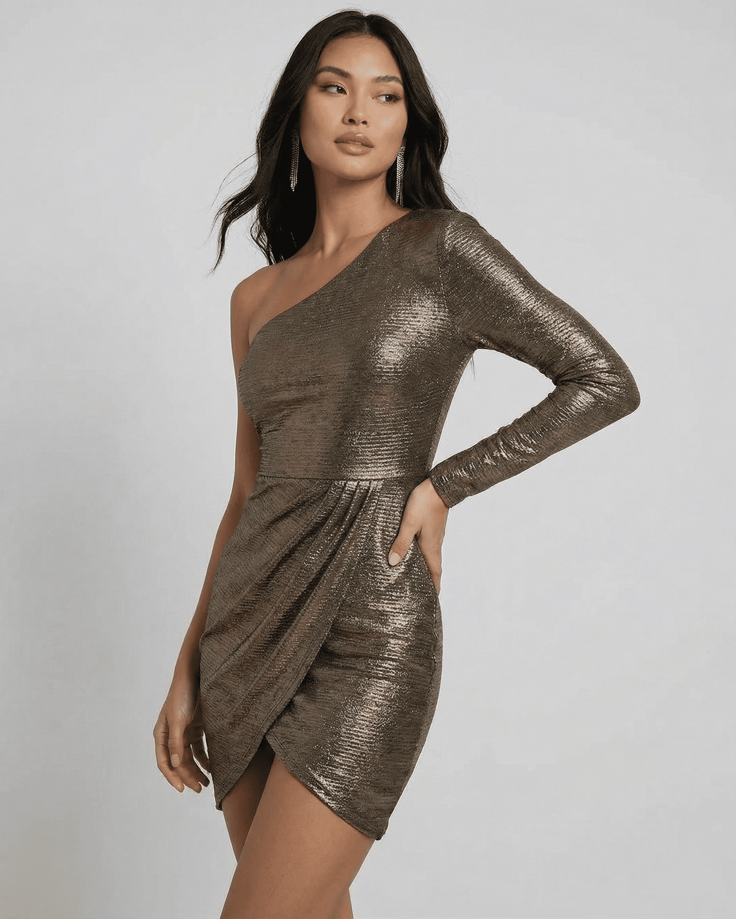 Gauze Mini Dress by RAMBLION, one shoulder, chic metallic sheen, perfect for modern occasions.