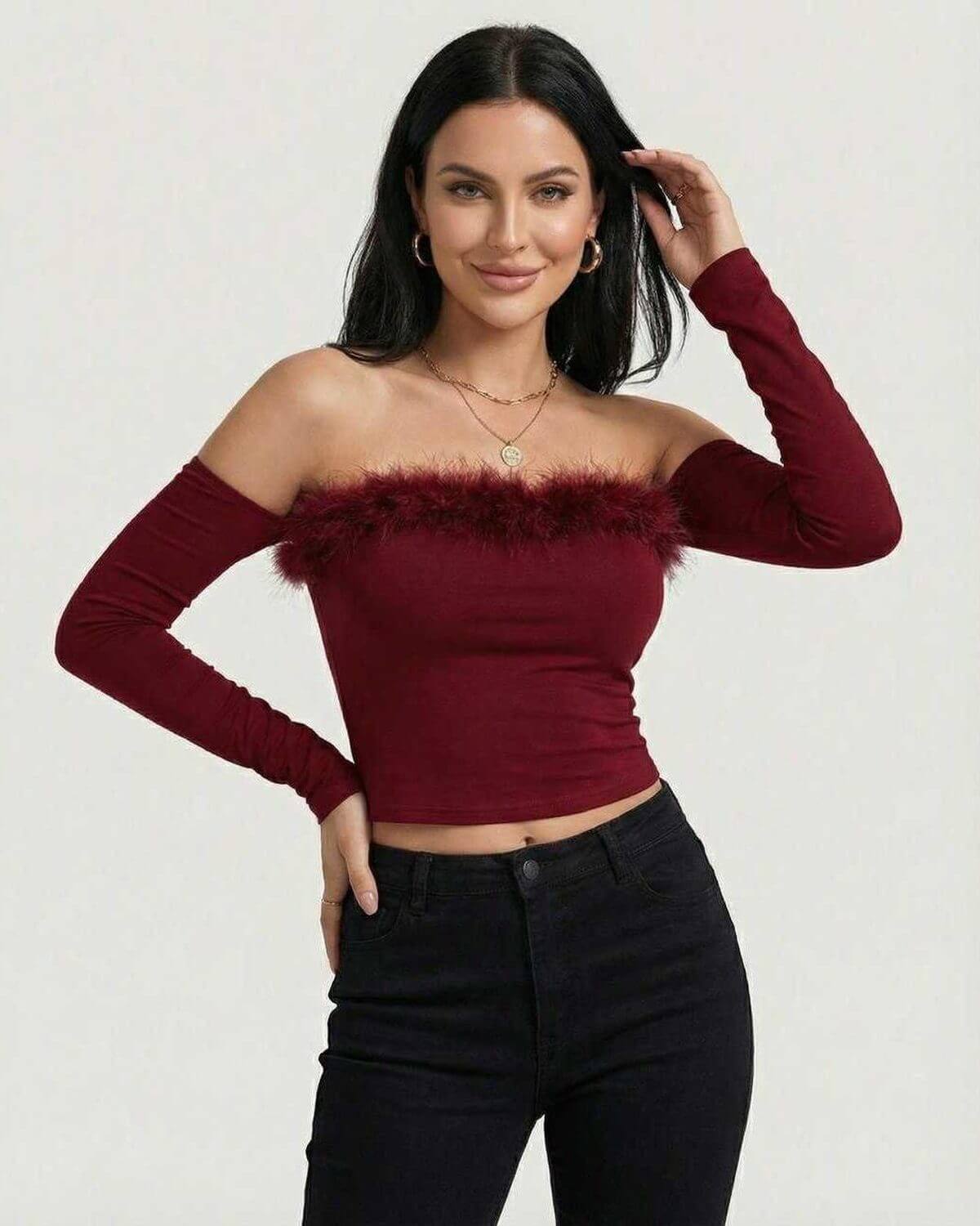 Geri Top in burgundy off the shoulder style, featuring soft fluff trim, ideal for stylish evening occasions by RAMBLION.