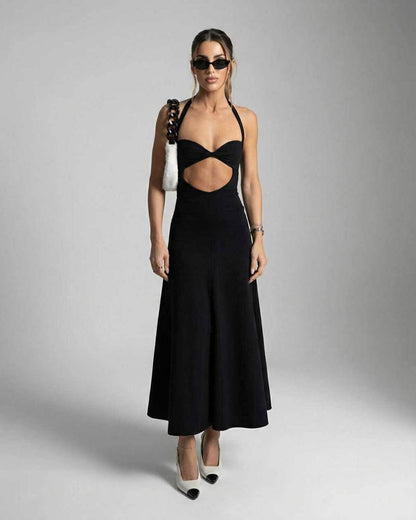 Glow Midi Dress by RAMBLION, black midi dress with halter neckline and V-neck cutout, perfect for fashion-forward occasions.