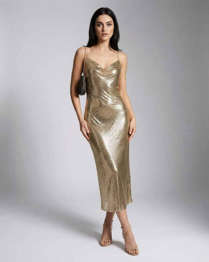 Ombre Midi Dress by RAMBLION, stunning gold midi dress, V-neck design, perfect for glamorous occasions.