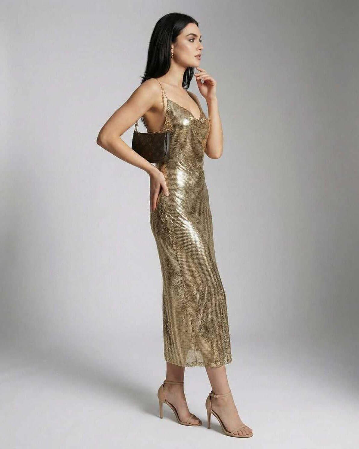 Ombre Midi Dress by RAMBLION, gold shimmering V-neck midi dress for sophisticated occasions.