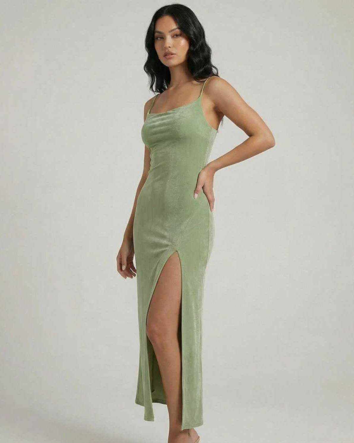 Lixa Midi Dress by RAMBLION, green midi dress, square neck, stylish side slit, perfect for chic occasions.