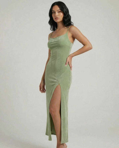 Lixa Midi Dress by RAMBLION, green midi dress, square neck, stylish side slit, perfect for chic occasions.