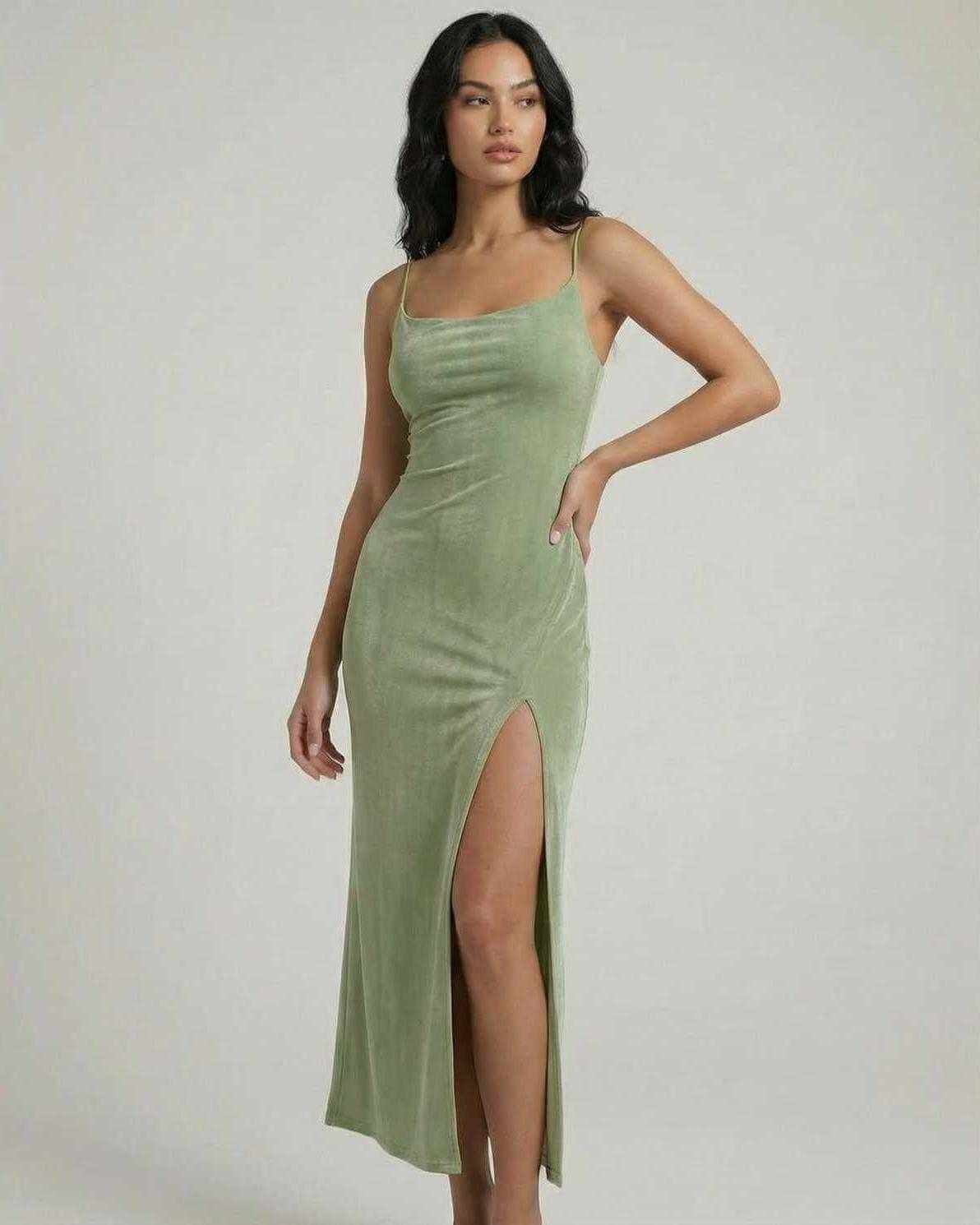 Lixa Midi Dress by RAMBLION, green midi dress with square neck, asymmetrical hem, and side slit, perfect for chic occasions.