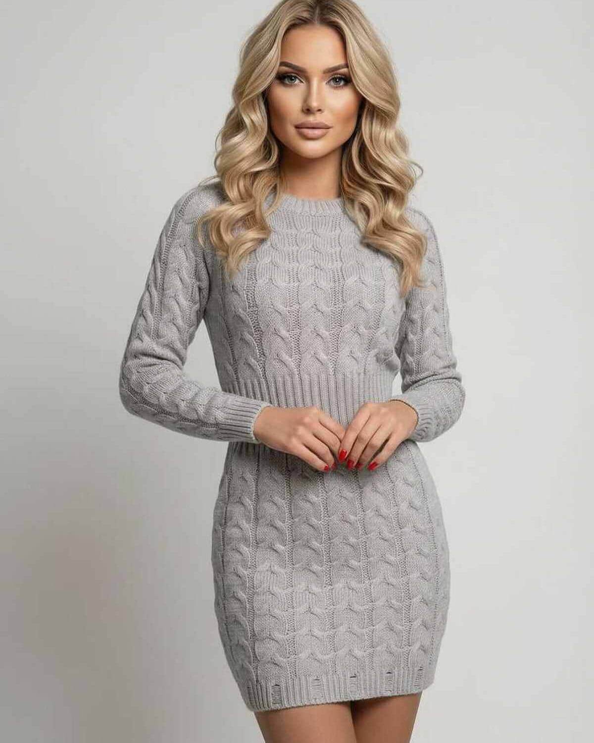 Scuba Mini Dress by RAMBLION in grey, textured cable knit, chic sheath silhouette perfect for autumn and spring.