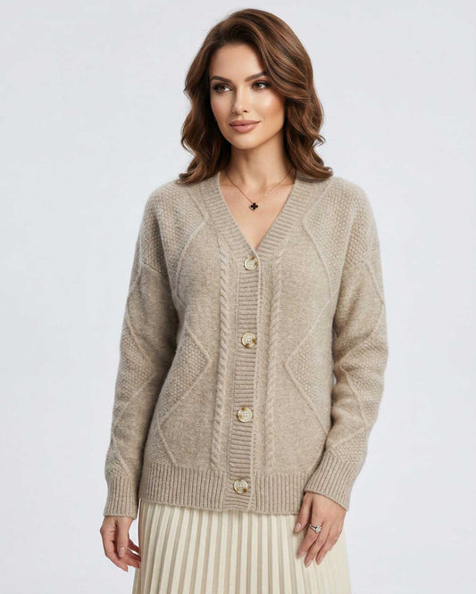 Zadu Cardigan by RAMBLION, featuring a cozy V-neck design, perfect for stylish warmth on cooler days.