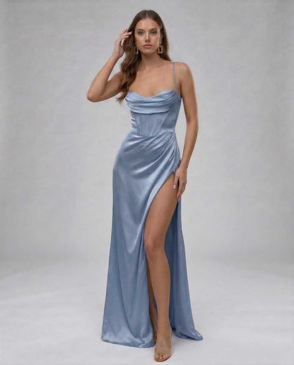 Herringbone Maxi Dress by RAMBLION, red ankle-length satin, elegant fit for special occasions, luxurious feel.