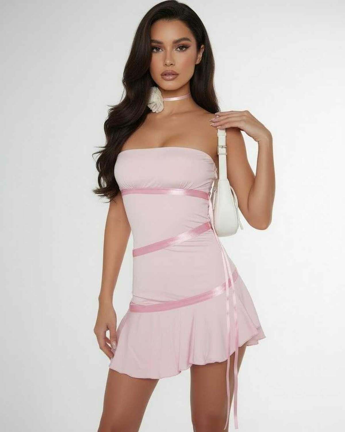 Herringbone Mini Dress in light pink satin, strapless, adorned with ribbon details, perfect for summer occasions by RAMBLION.