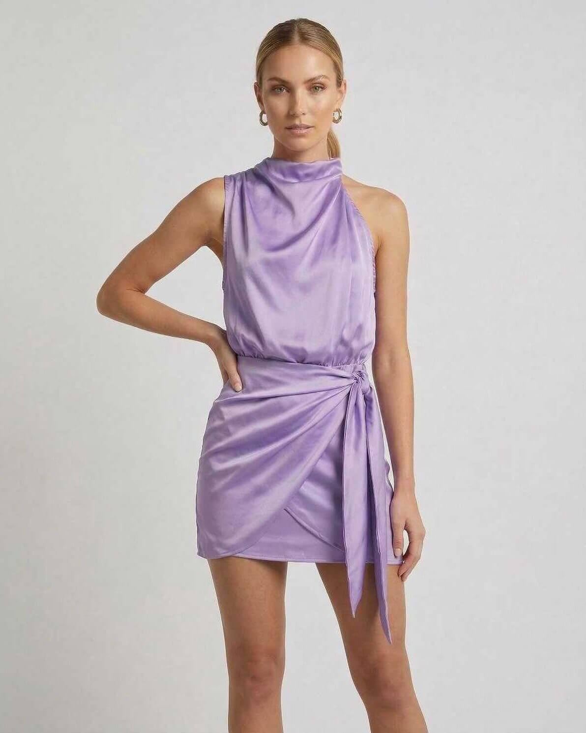 Bath Mini Dress by RAMBLION, featuring a chic lavender satin finish, high neckline, and elegant above-knee silhouette.