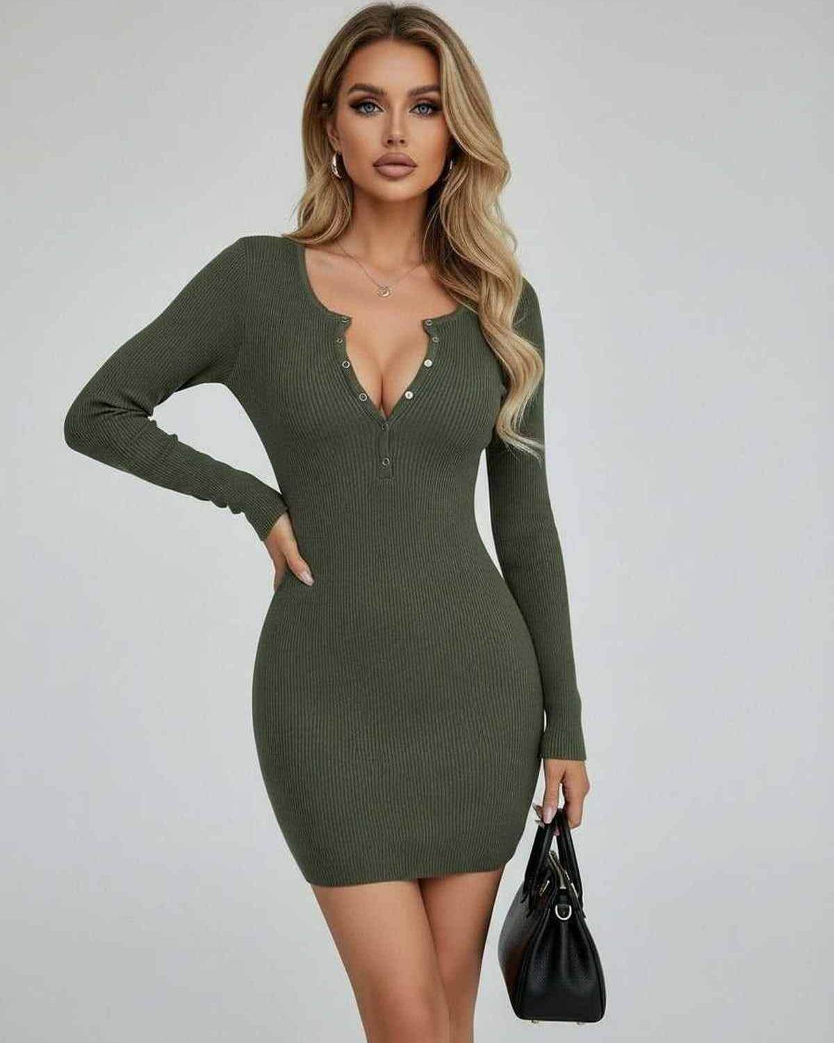 Olive Mini Dress - Sleek bodycon dress with half-open collar in solid olive green.