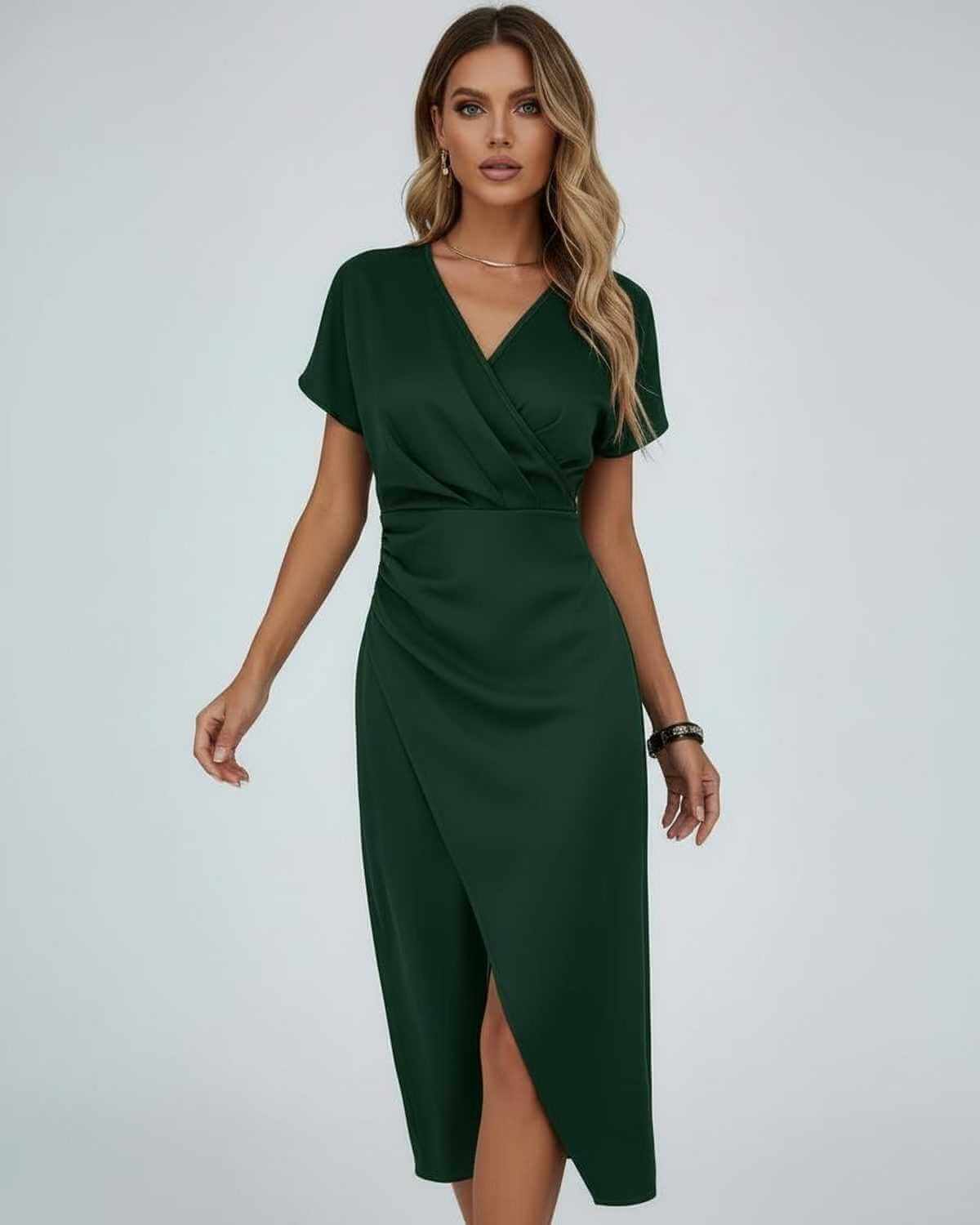 Ikat Midi Dress by RAMBLION in dark green, featuring a comfortable satin feel, wrap silhouette, perfect for elegant occasions.