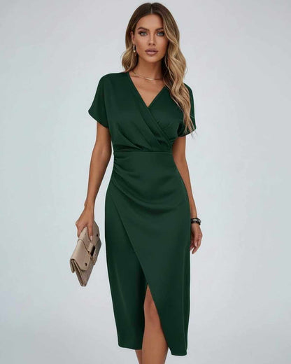 Ikat Midi Dress by RAMBLION, dark green satin, V-neck, elegant wrap silhouette, perfect for special occasions.