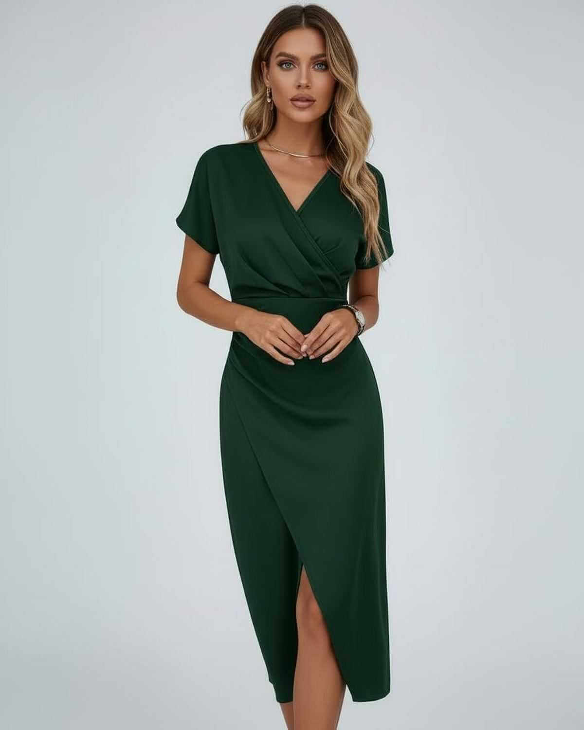 Ikat Midi Dress in rich dark green, 100% polyester satin, V Neck, elegant wrap silhouette, by RAMBLION