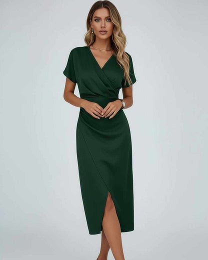 Ikat Midi Dress in dark green, 100% polyester satin, elegant wrap silhouette for modern occasions by RAMBLION.
