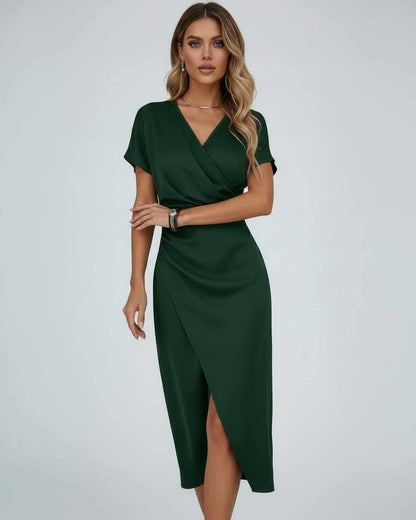Ikat Midi Dress by RAMBLION, dark green satin, V neck, elegant wrap silhouette, comfortable feel, perfect for special occasions.