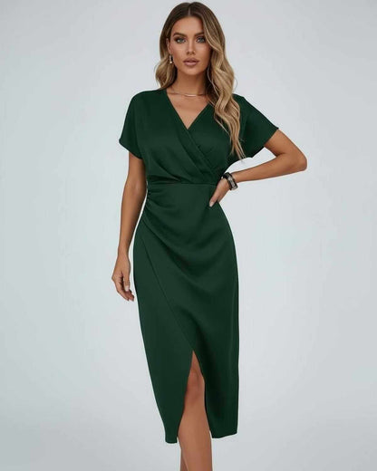 Ikat Midi Dress by RAMBLION in rich dark green, luxurious satin, wrap silhouette, perfect for elegant occasions.