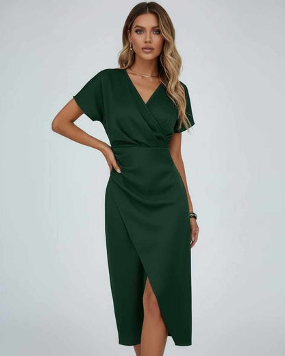 Ikat Midi Dress by RAMBLION, elegant dark green satin, V neck, sophisticated wrap silhouette for special occasions.