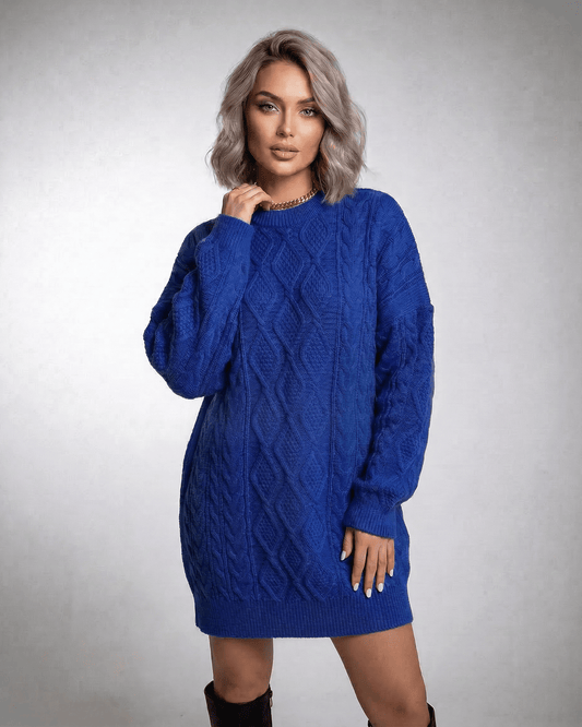 Ilsa Mini Dress in bold deep blue, cable knit texture for stylish comfort by RAMBLION, perfect for casual outings.