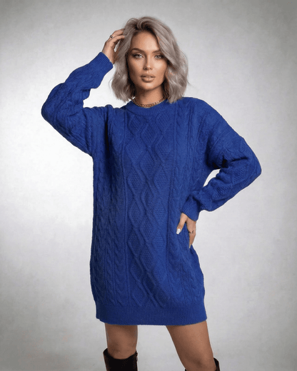 Ilsa Mini Dress in deep blue, cozy cable knit fabric, relaxed fit, perfect for stylish women, by RAMBLION.