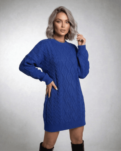 Ilsa Mini Dress by RAMBLION in deep blue, featuring a cable knit texture, relaxed fit, perfect for stylish casual occasions.