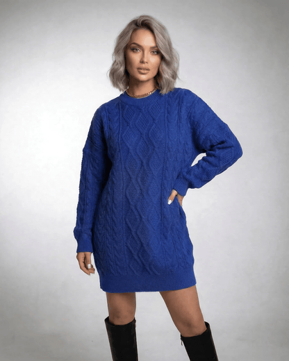 Ilsa Mini Dress in deep blue, 95% Polyester, cozy cable knit, perfect for stylish and comfortable looks by RAMBLION.