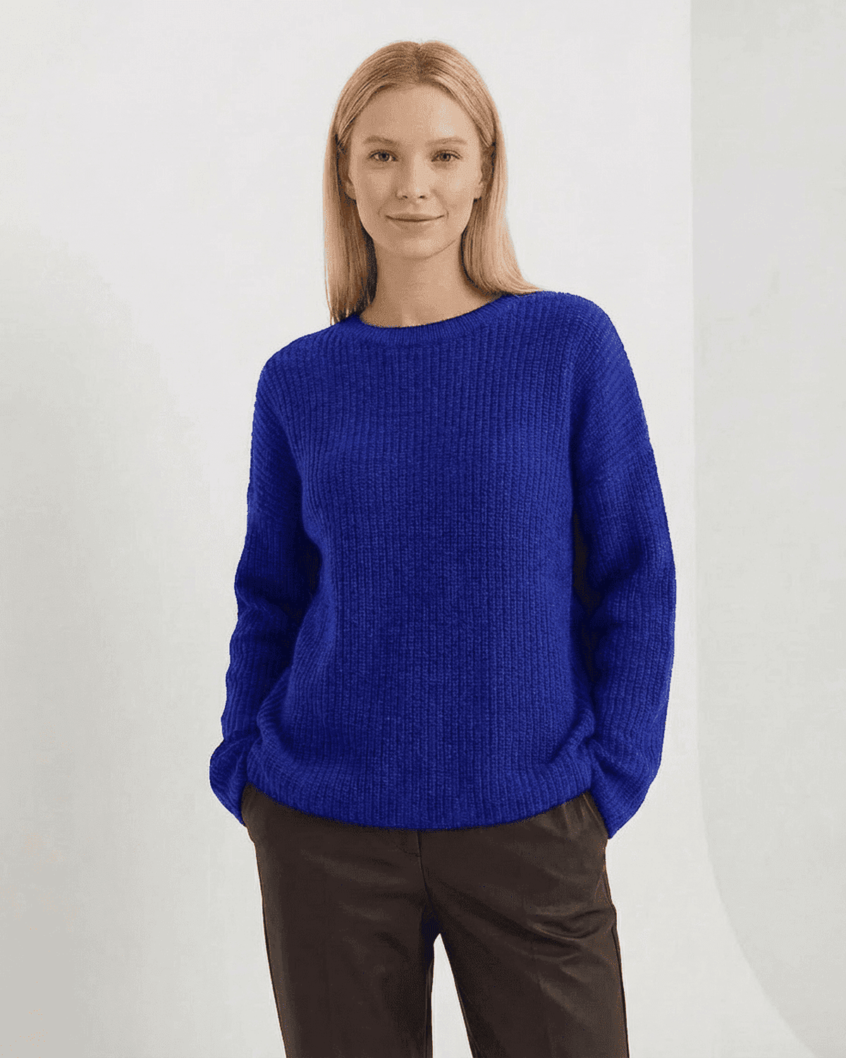 Indira Sweater - Loose Fit Thick Ribbed Knitwear in Blue by RAMBLION with long sleeves and round neck.
