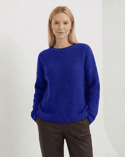 Indira Sweater - Loose Fit Thick Ribbed Knitwear in Blue by RAMBLION with long sleeves and round neck.