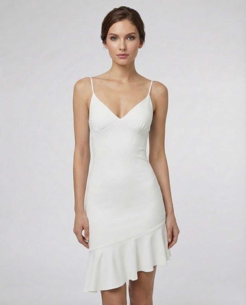 Isio Mini Dress by RAMBLION in white, V neck, polyester, perfect for upscale occasions, elegant A-line silhouette.