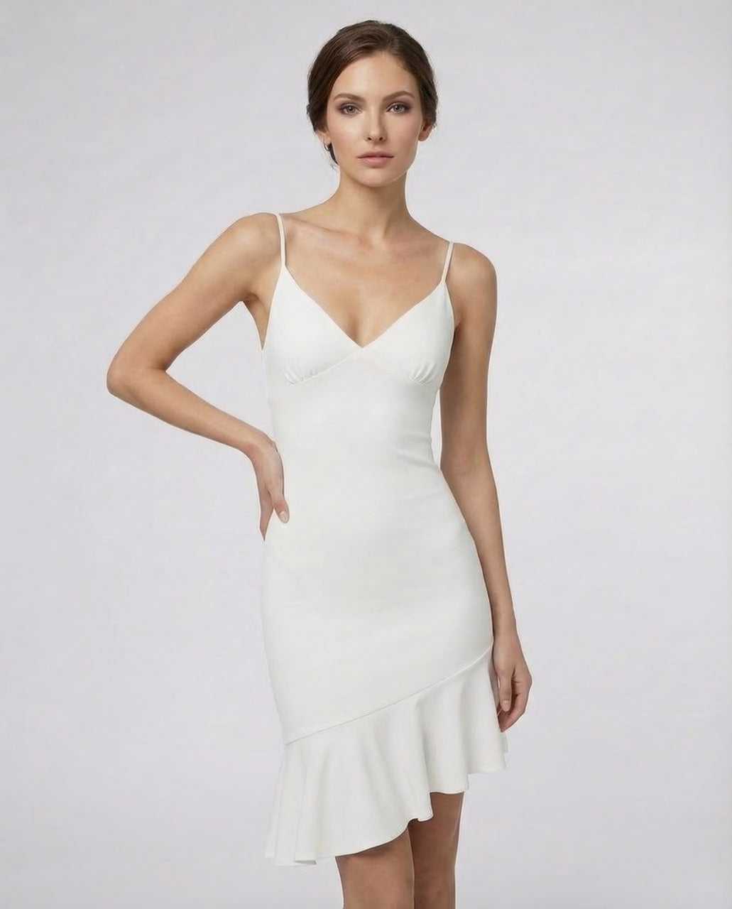 Isio Mini Dress by RAMBLION in white, V-neck, A-line silhouette, perfect for upscale occasions.