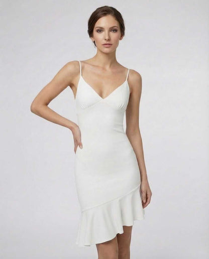 Isio Mini Dress by RAMBLION in white, V-neck, A-line silhouette, perfect for upscale occasions.
