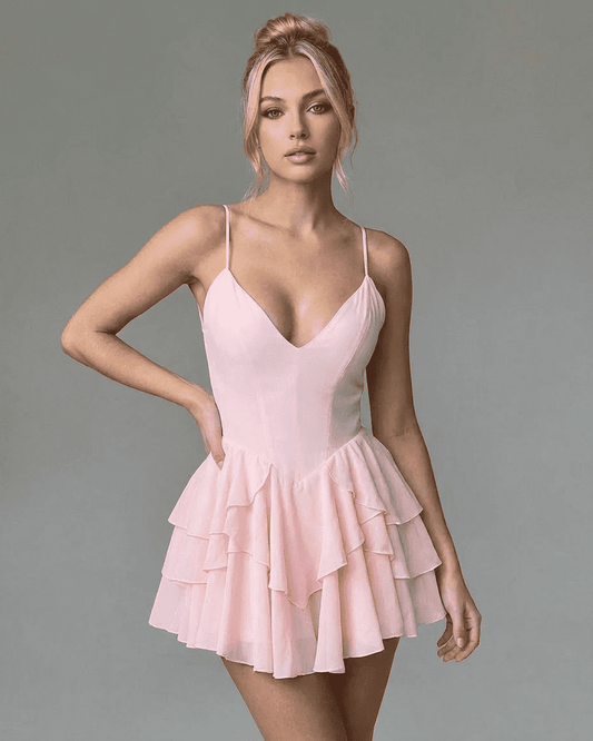 Isolde Mini Dress featuring a plunging V-neckline and layered ruffle skirt, perfect for parties, by RAMBLION.