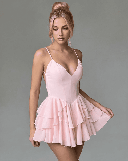 Isolde Mini Dress by RAMBLION in blush pink with spaghetti straps and layered ruffle skirt