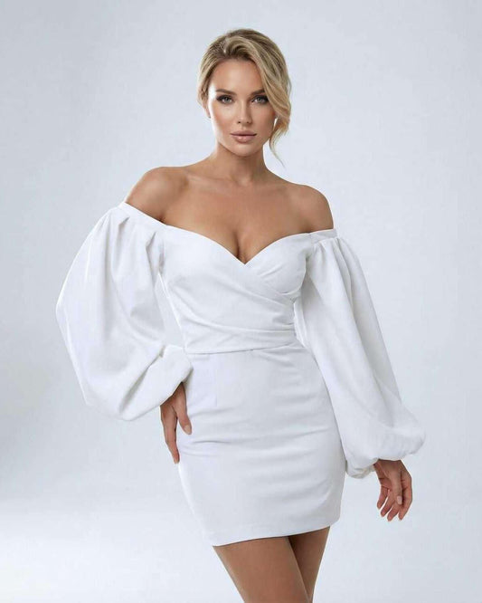 Ivory Mini Dress by Lauven - Elegant off-shoulder satin dress with puffed sleeves and fitted waistline.