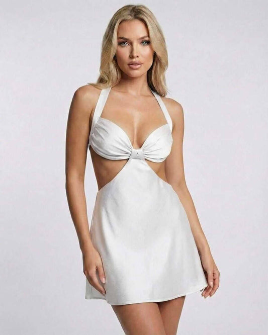 Ivory Mini Dress by RAMBLION featuring satin fabric, halter neck, and cut-out detail for a modern, elegant look.