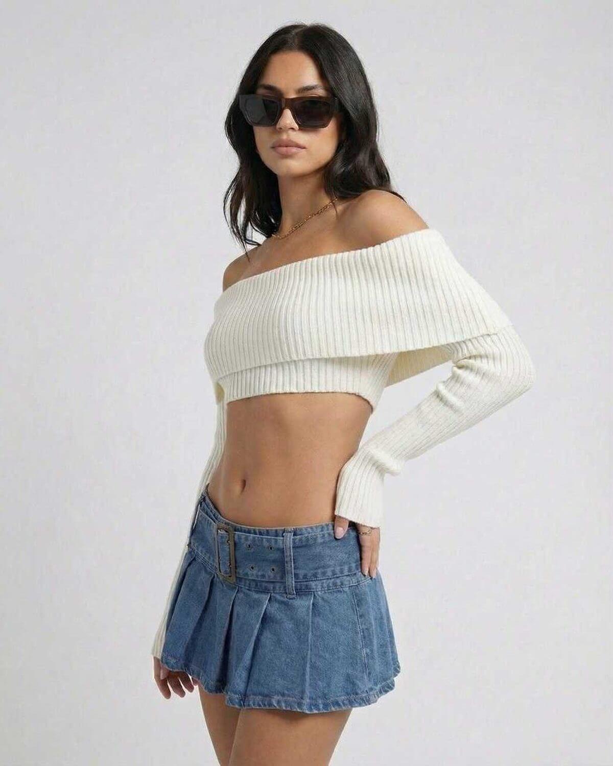 Jade Top by RAMBLION, chic off shoulder crop top, soft feel, perfect for trendy occasions.
