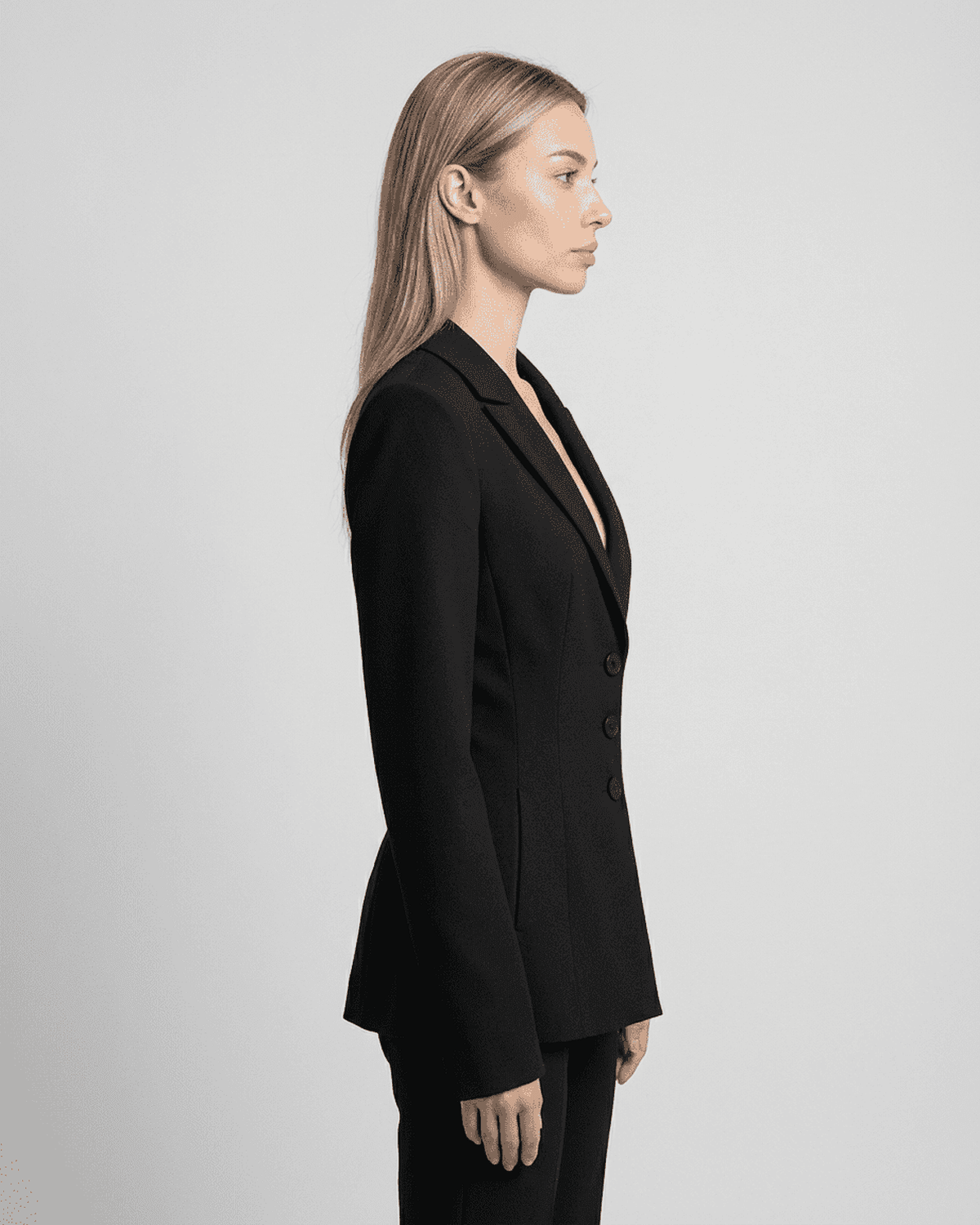 Jess Blazer side view, black tailored blazer, modern professional style by RAMBLION.