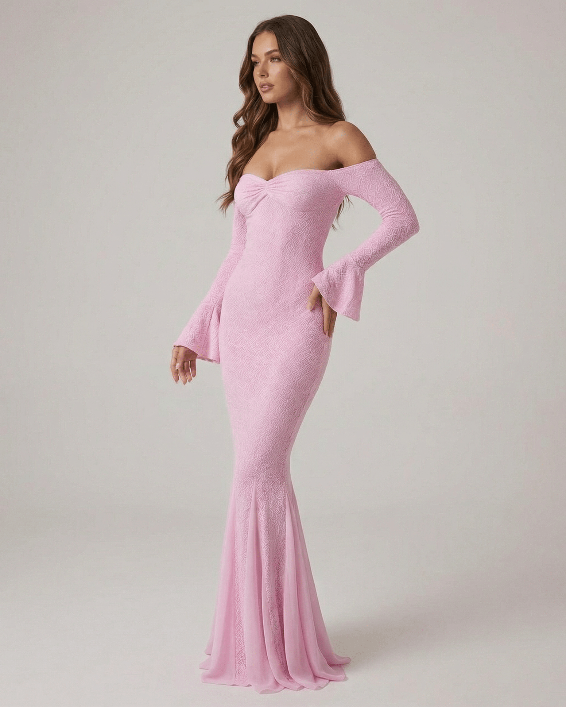 Pink Cotton Mermaid Wrap Neck Long Sleeve Maxi Dress | Formal Occasions & Night Out, side view | Ramblion | SKU: IMD-91436-pink-L-1840,IMD-91436-pink-M-5904,IMD-91436-pink-S-342,IMD-91436-pink-XL-7552,IMD-91436-pink-XS-1220