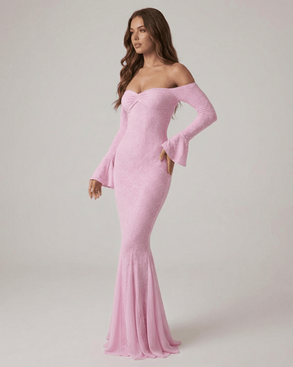 Pink Cotton Mermaid Wrap Neck Long Sleeve Maxi Dress | Formal Occasions & Night Out, side view | Ramblion | SKU: IMD-91436-pink-L-1840,IMD-91436-pink-M-5904,IMD-91436-pink-S-342,IMD-91436-pink-XL-7552,IMD-91436-pink-XS-1220