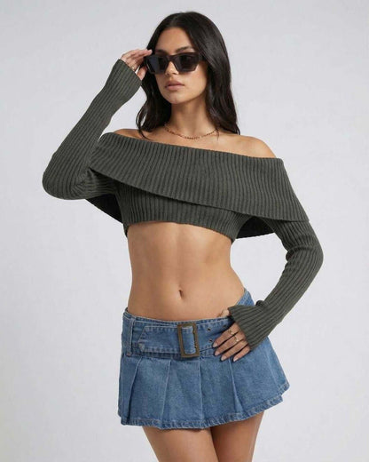 Kobe Top - Green Off Shoulder Crop Top by RAMBLION features ribbed texture, chic aesthetic, perfect for autumn fashion.