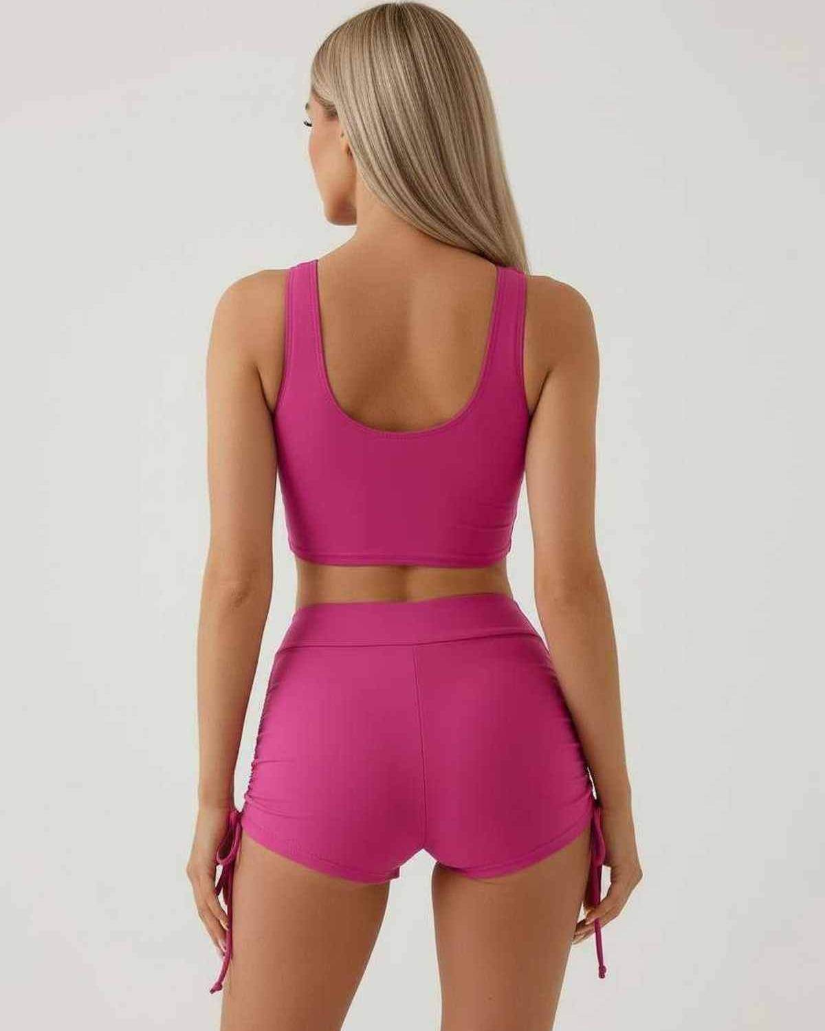 Kolo Set by RAMBLION, vibrant pink sleeveless crop top and high waist shorts, perfect for summer outings.