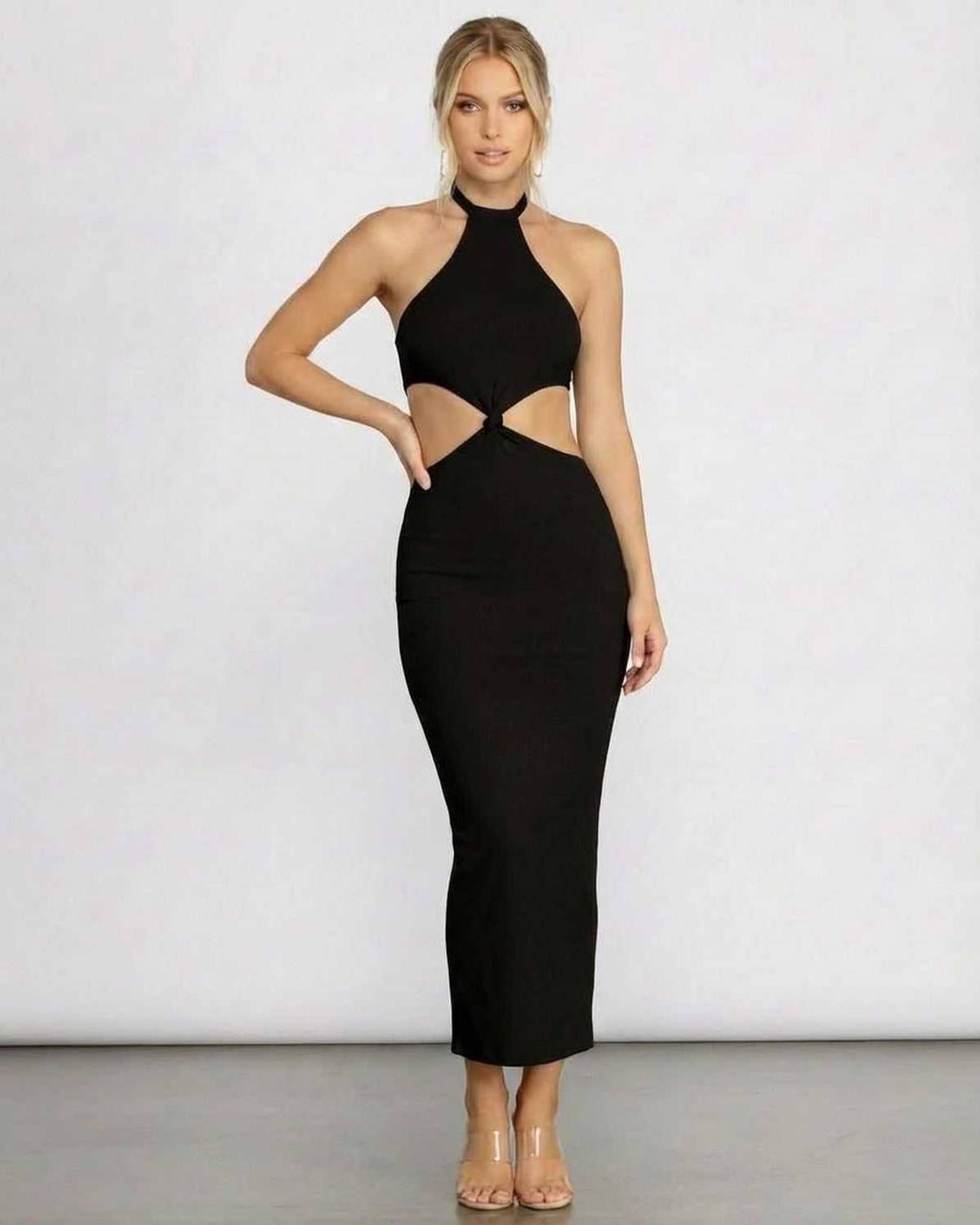 Komo Midi Dress - Black halter dress with chic cutouts, perfect for warm evenings and special occasions by RAMBLION.