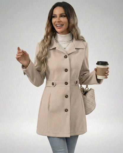 Women wearing Latte Sculpt Jacket in beige, enjoying coffee with stylish buttons and a slim fit silhouette.
