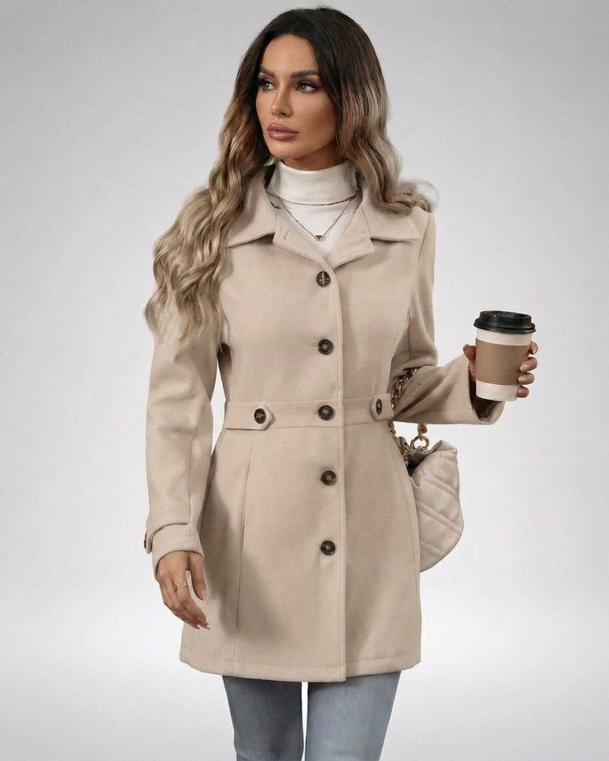 Model wearing Latte Sculpt Jacket in beige, showcasing a slim fit design and stylish buttons.