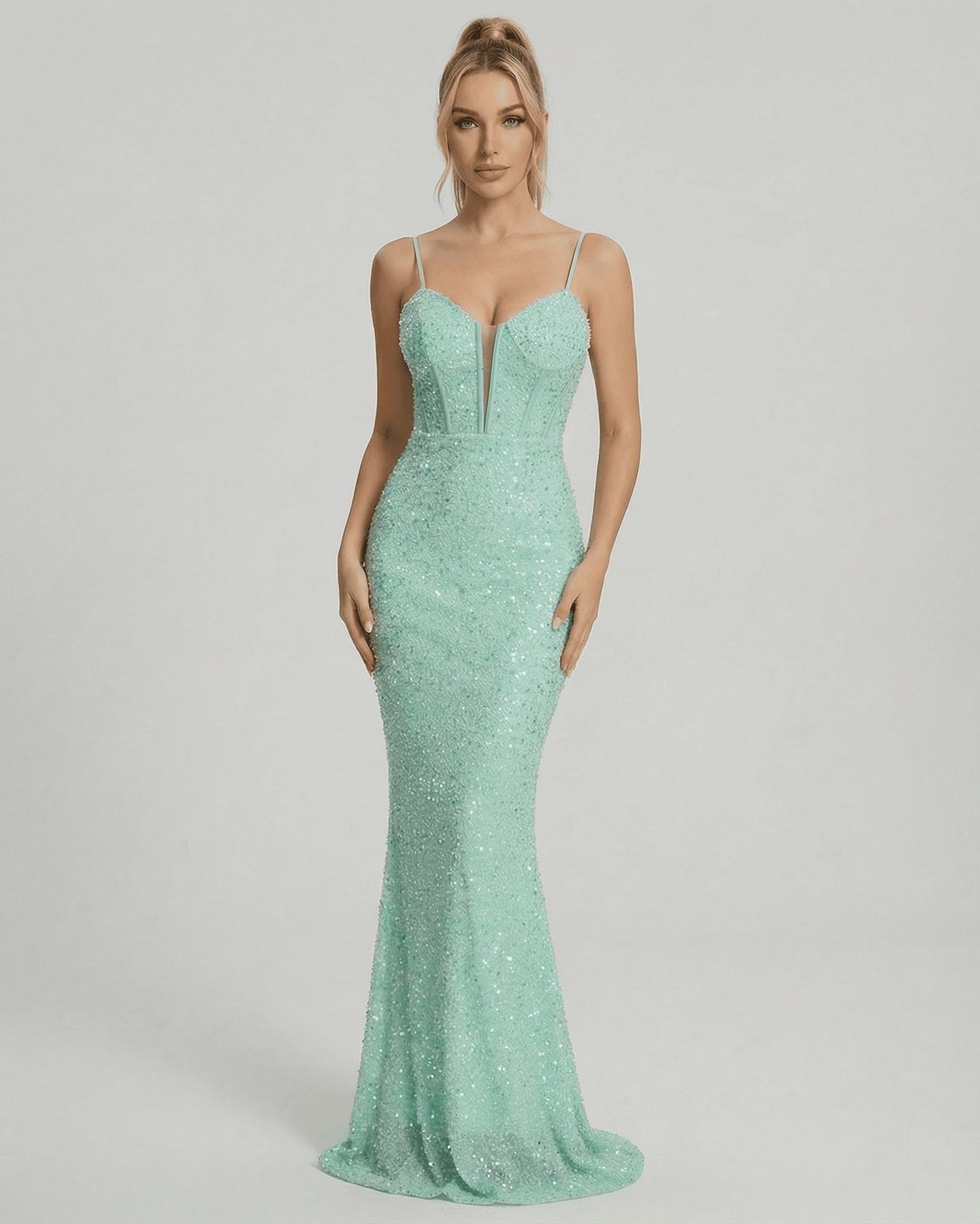 Levanzo Maxi Dress in mint green with sequin embellishments, perfect for formal occasions, by RAMBLION.