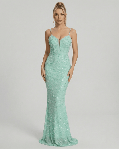 Levanzo Maxi Dress in mint green with sequin embellishments, perfect for formal occasions, by RAMBLION.
